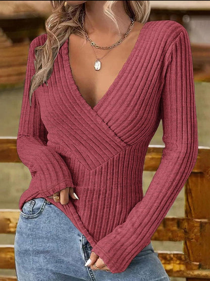 Ribbed Surplice Long Sleeve T-Shirt - Blu Lotus Boutique