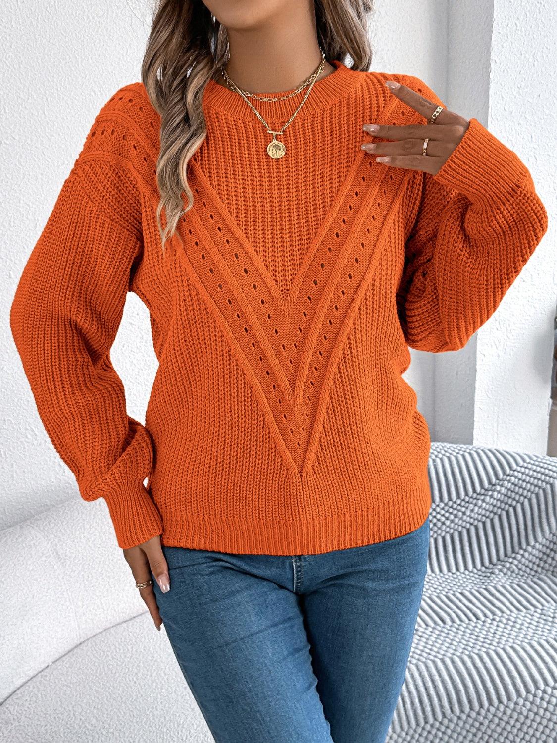 Openwork Round Neck Long Sleeve Sweater - Blu Lotus Boutique