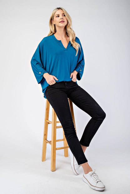 Celeste Full Size Notched Three-Quarter Sleeve Blouse - Blu Lotus Boutique