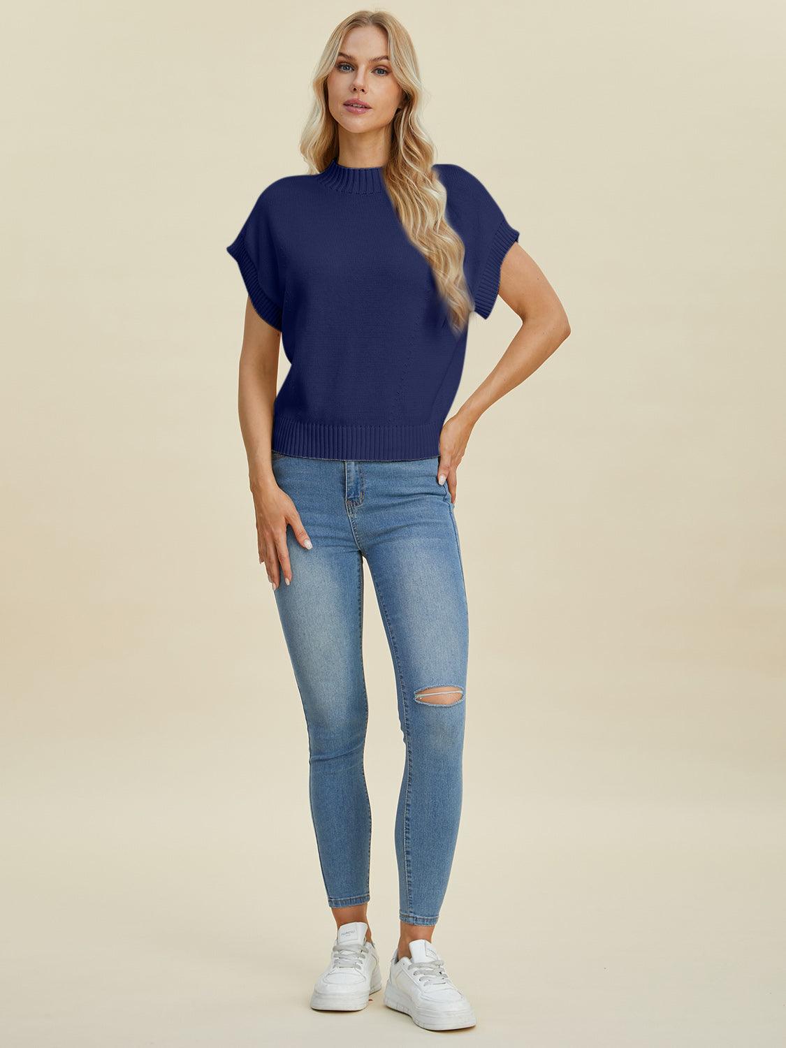 Double Take Full Size Mock Neck Short Sleeve Sweater - Blu Lotus Boutique