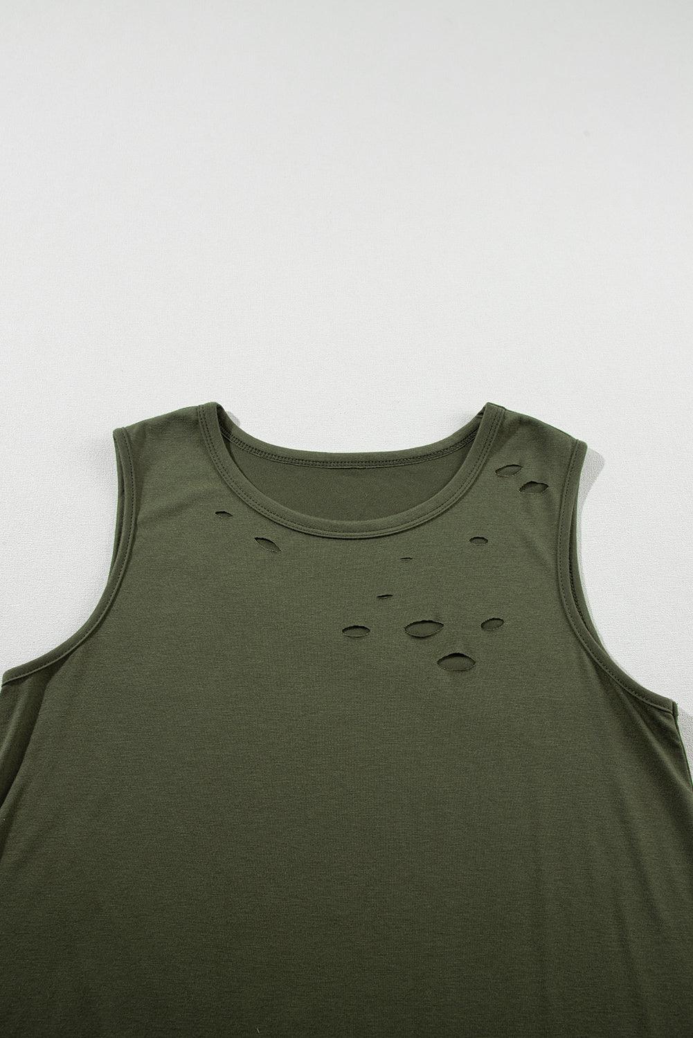 Jungle Green Solid Color Distressed Holes Crew Neck Tank Top - Blu Lotus Boutique