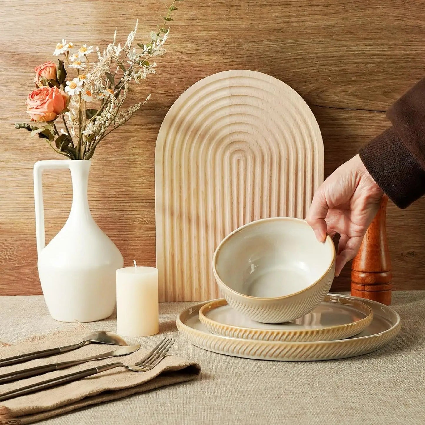 Earthsong Dinnerware Sets for 8, 24 - Piece Ceramic Plates and Bowls Set, Dishwasher and Microwave Safe Stoneware Dishes Set, Ribb - Blu Lotus Boutique
