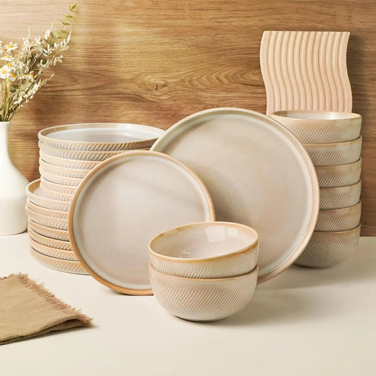 Earthsong Dinnerware Sets for 8, 24 - Piece Ceramic Plates and Bowls Set, Dishwasher and Microwave Safe Stoneware Dishes Set, Ribb - Blu Lotus Boutique