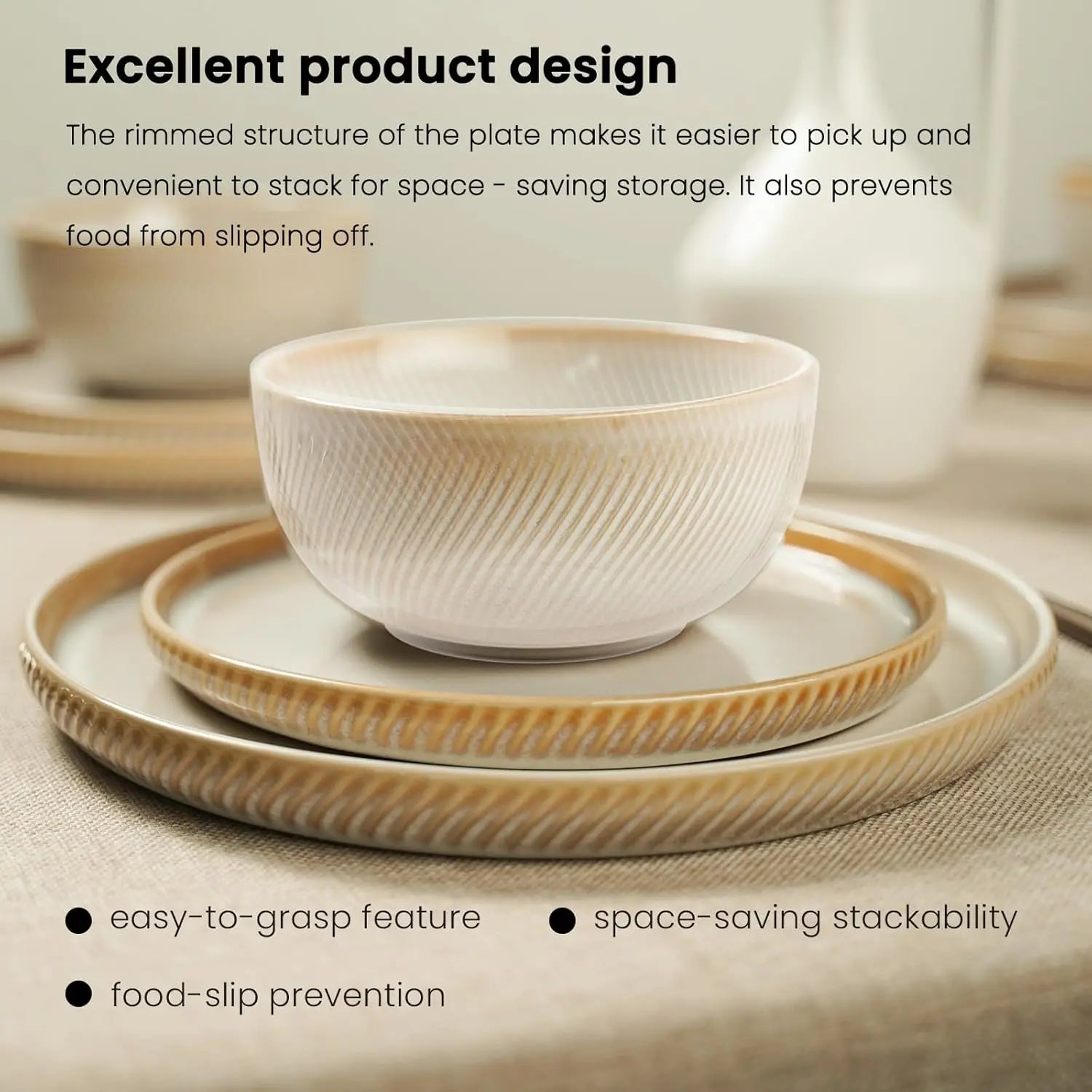 Earthsong Dinnerware Sets for 8, 24 - Piece Ceramic Plates and Bowls Set, Dishwasher and Microwave Safe Stoneware Dishes Set, Ribb - Blu Lotus Boutique