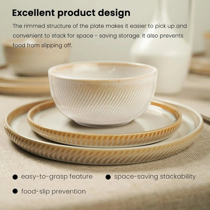 Earthsong Dinnerware Sets for 8, 24 - Piece Ceramic Plates and Bowls Set, Dishwasher and Microwave Safe Stoneware Dishes Set, Ribb - Blu Lotus Boutique