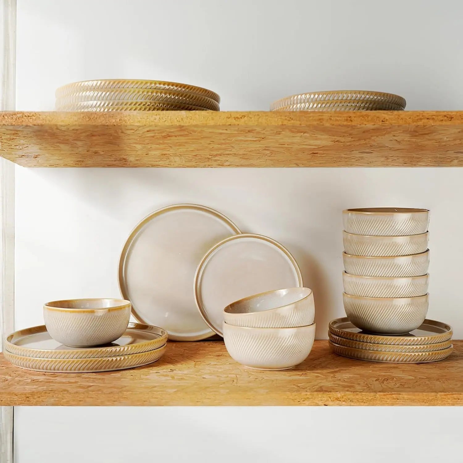Earthsong Dinnerware Sets for 8, 24 - Piece Ceramic Plates and Bowls Set, Dishwasher and Microwave Safe Stoneware Dishes Set, Ribb - Blu Lotus Boutique
