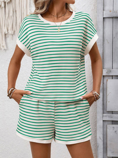 Striped Short Sleeve Top and Shorts Casual Lounge Set