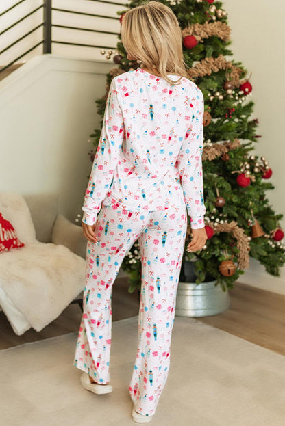 White Christmas Pattern Long Sleeve Top and Wide Leg Pants Set - Blu Lotus Boutique