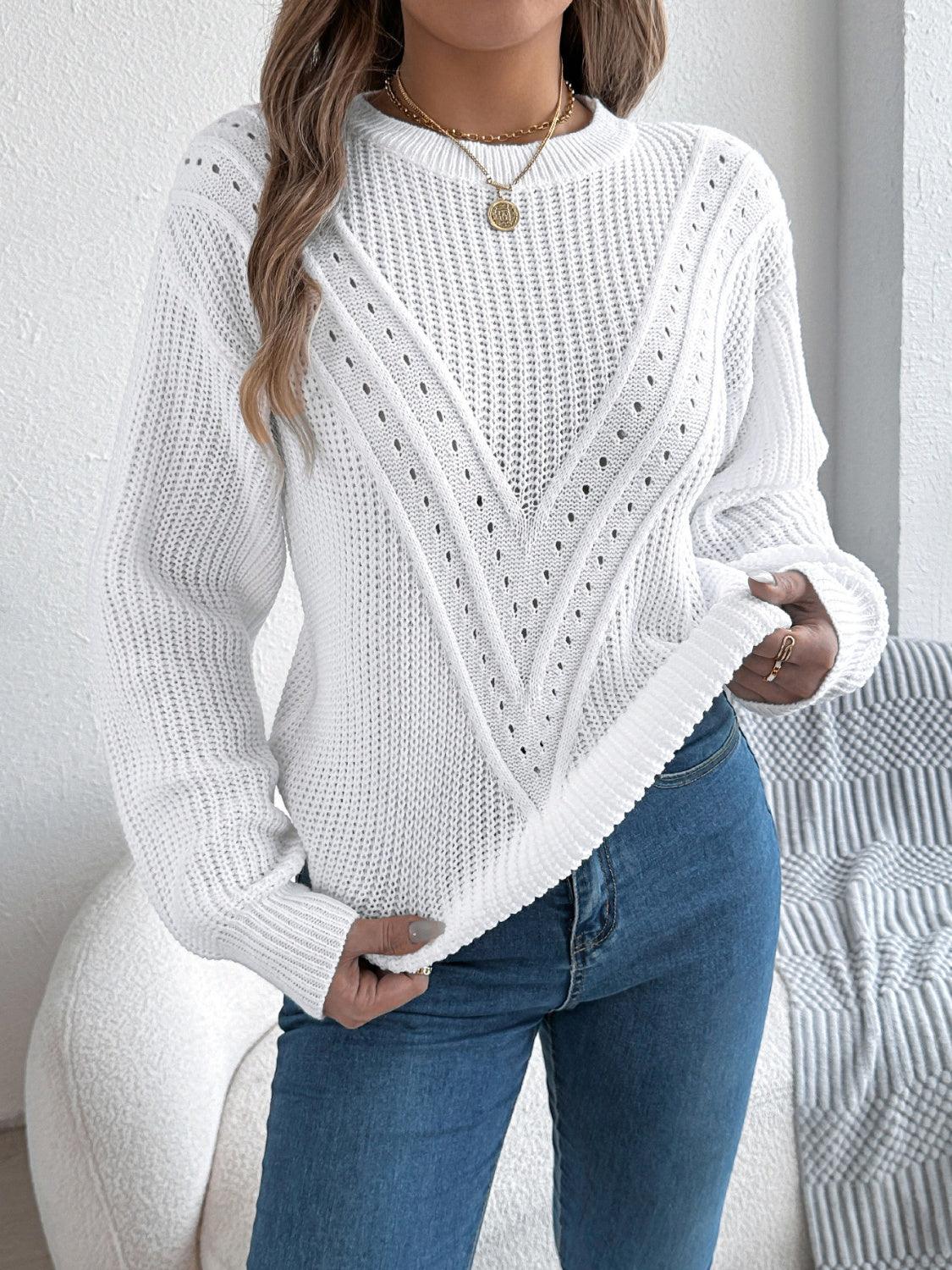 Openwork Round Neck Long Sleeve Sweater - Blu Lotus Boutique