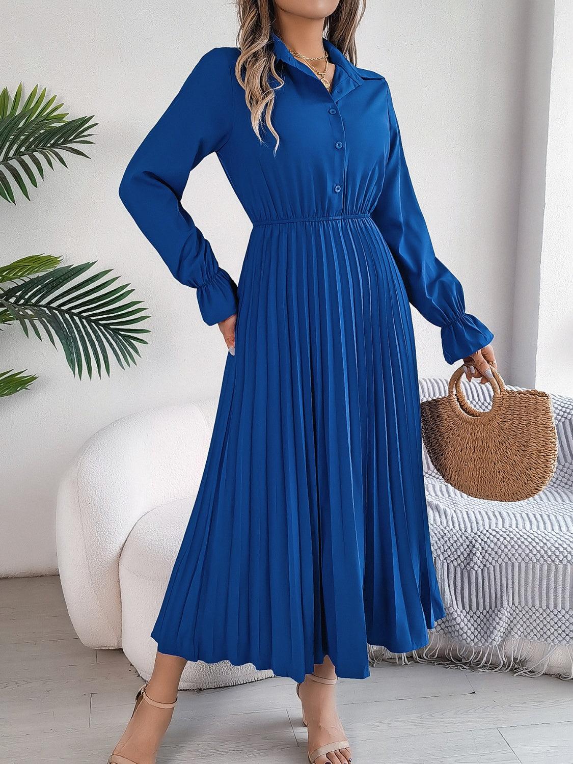 Pleated Half Button Long Sleeve Midi Dress - Blu Lotus Boutique