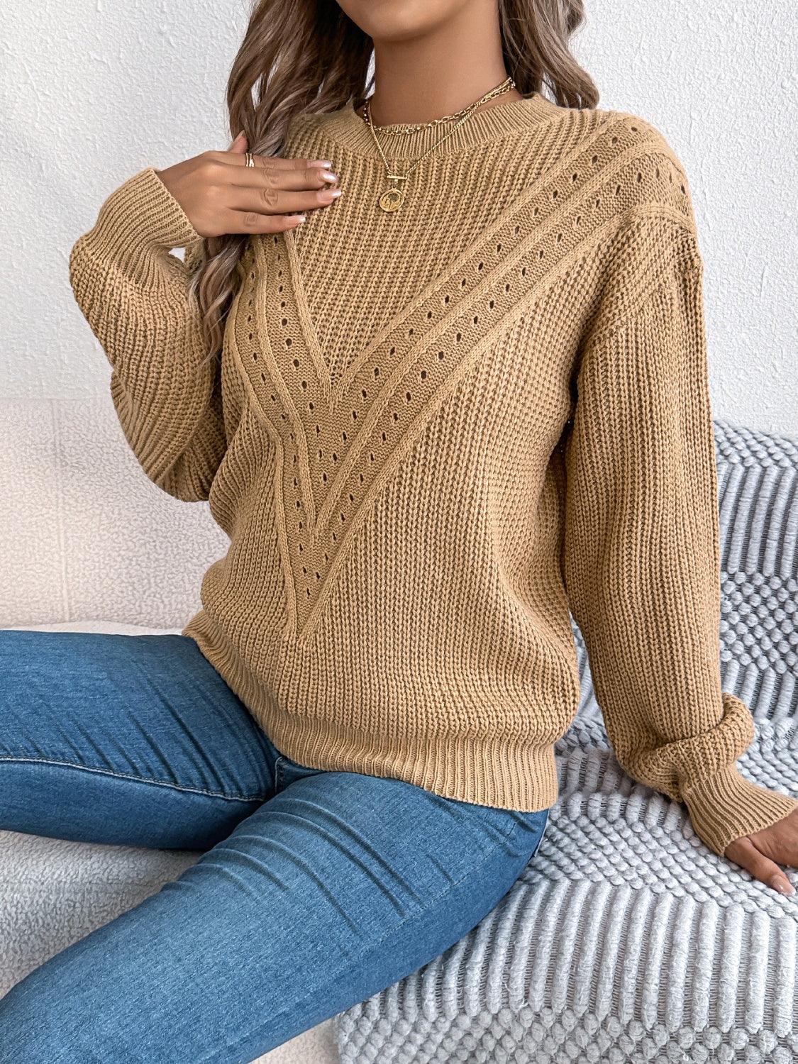 Openwork Round Neck Long Sleeve Sweater - Blu Lotus Boutique