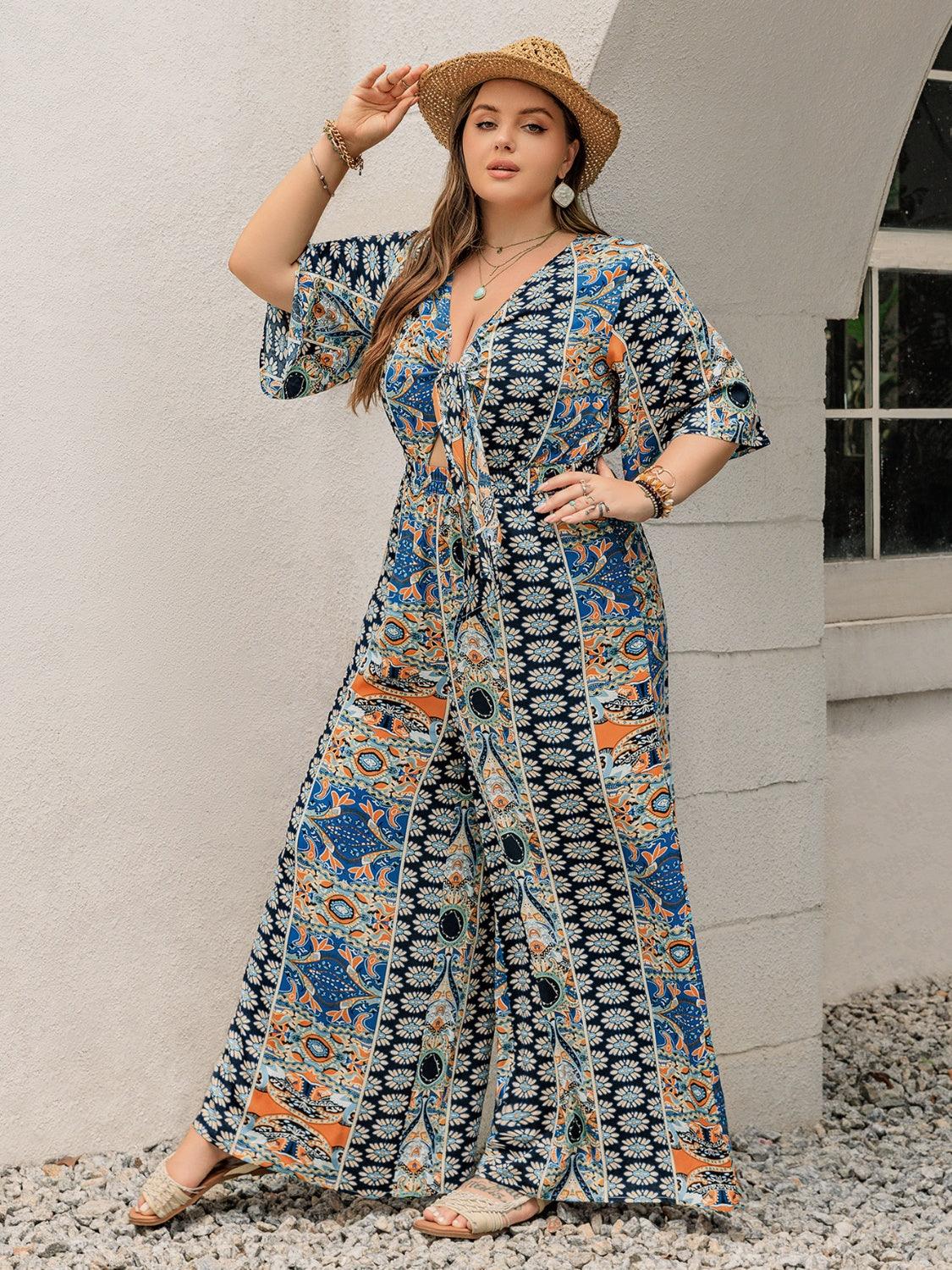 Plus Size Printed Half Sleeve Wide Leg Jumpsuit - Blu Lotus Boutique