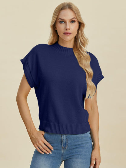 Double Take Full Size Mock Neck Short Sleeve Sweater - Blu Lotus Boutique