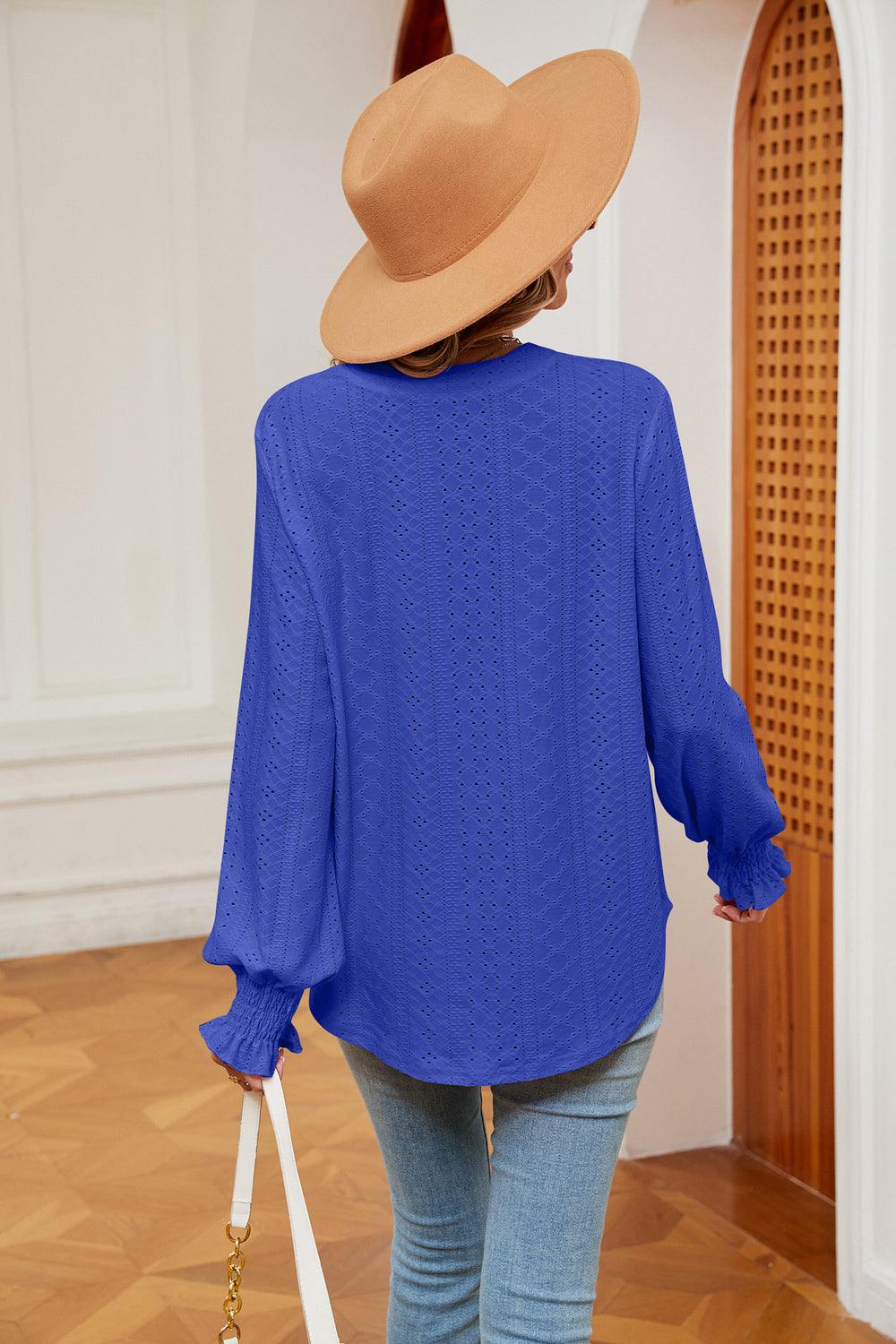 Notched Neck Flounce Sleeve Blouse - Blu Lotus Boutique