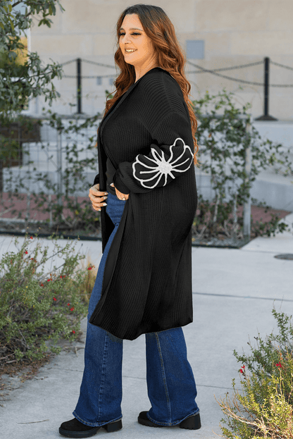 Black Flower Embroidered Drop Shoulder Open Front Duster Cardigan - Blu Lotus Boutique