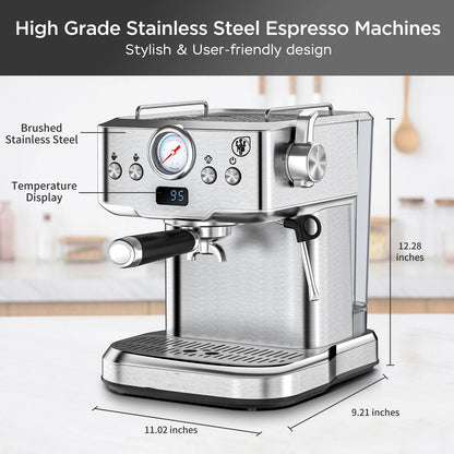 Espresso Machine 20 Bar Compact Household Coffee Espresso Maker with Milk Frother Steam Wand Pressure Gauge 60oz Water Tank - Blu Lotus Boutique