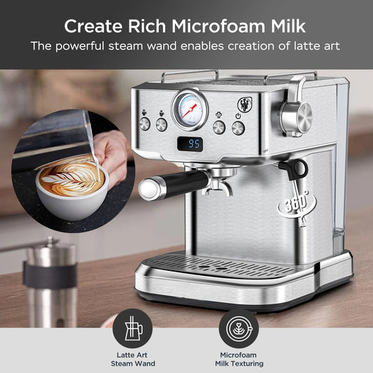 Espresso Machine 20 Bar Compact Household Coffee Espresso Maker with Milk Frother Steam Wand Pressure Gauge 60oz Water Tank - Blu Lotus Boutique