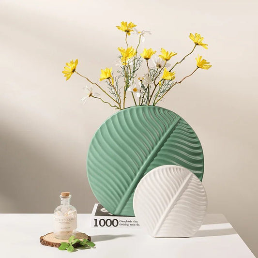 European Ceramic Vase Living Room Decoration Flower Arrangement Vase Desktop Creative Green Leaf Flower Arrangement Ornament - Blu Lotus Boutique