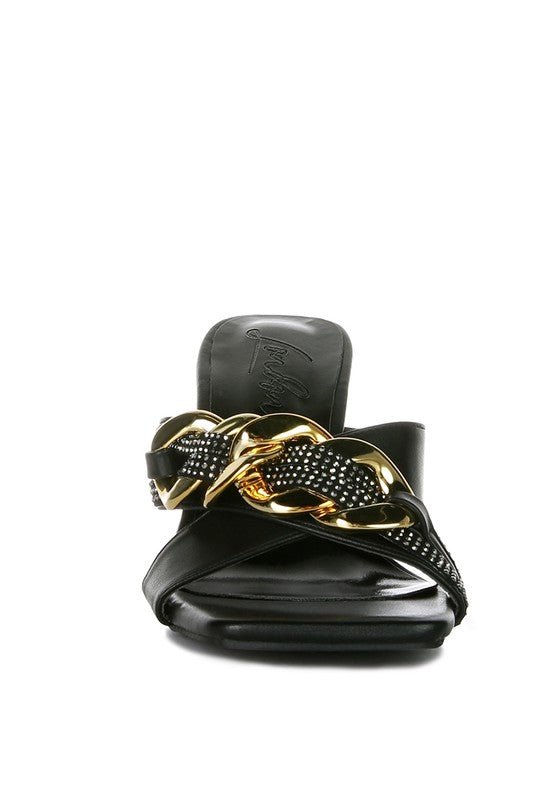 Evelane Metallic Chain Heeled Diamante Sandals - Blu Lotus Boutique