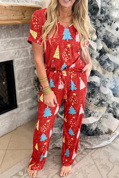 Rose Christmas Tree Print V Neck Tee and Pants Lounge Set - Blu Lotus Boutique