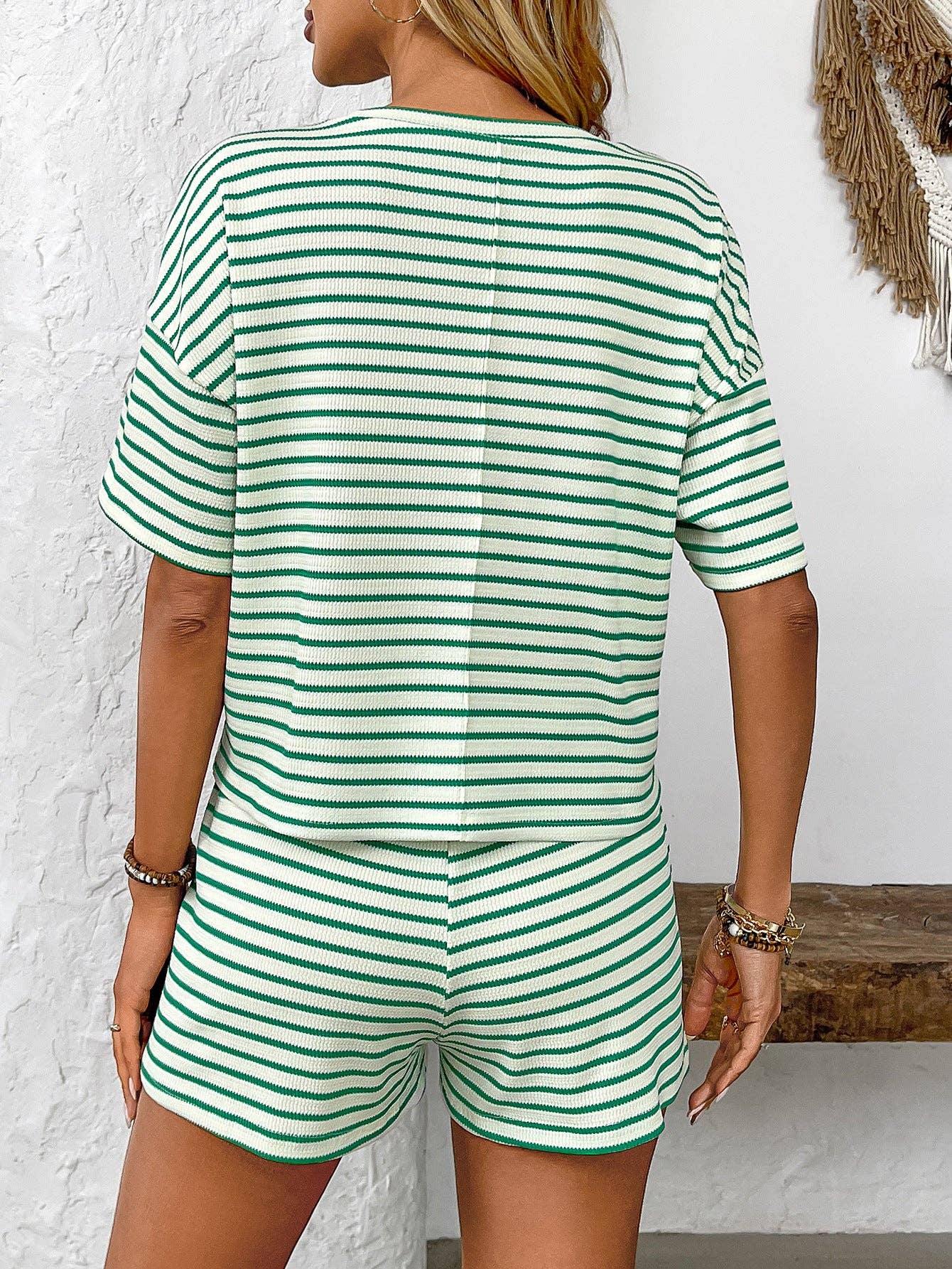 Womens Striped Lounge Set Casual Tee and Shorts Set