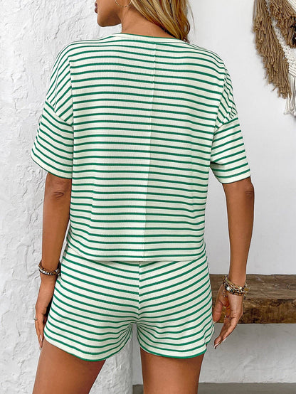 Womens Striped Lounge Set Casual Tee and Shorts Set