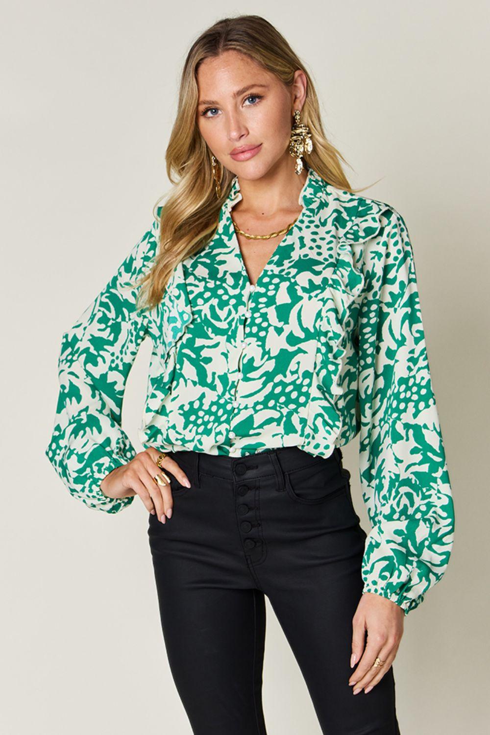 Double Take Full Size Printed Ruffle Trim Balloon Sleeve Shirt - Blu Lotus Boutique