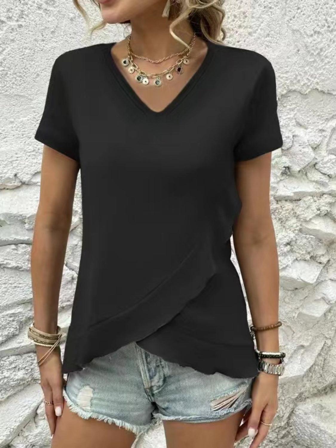 V-Neck Short Sleeve Blouse - Blu Lotus Boutique