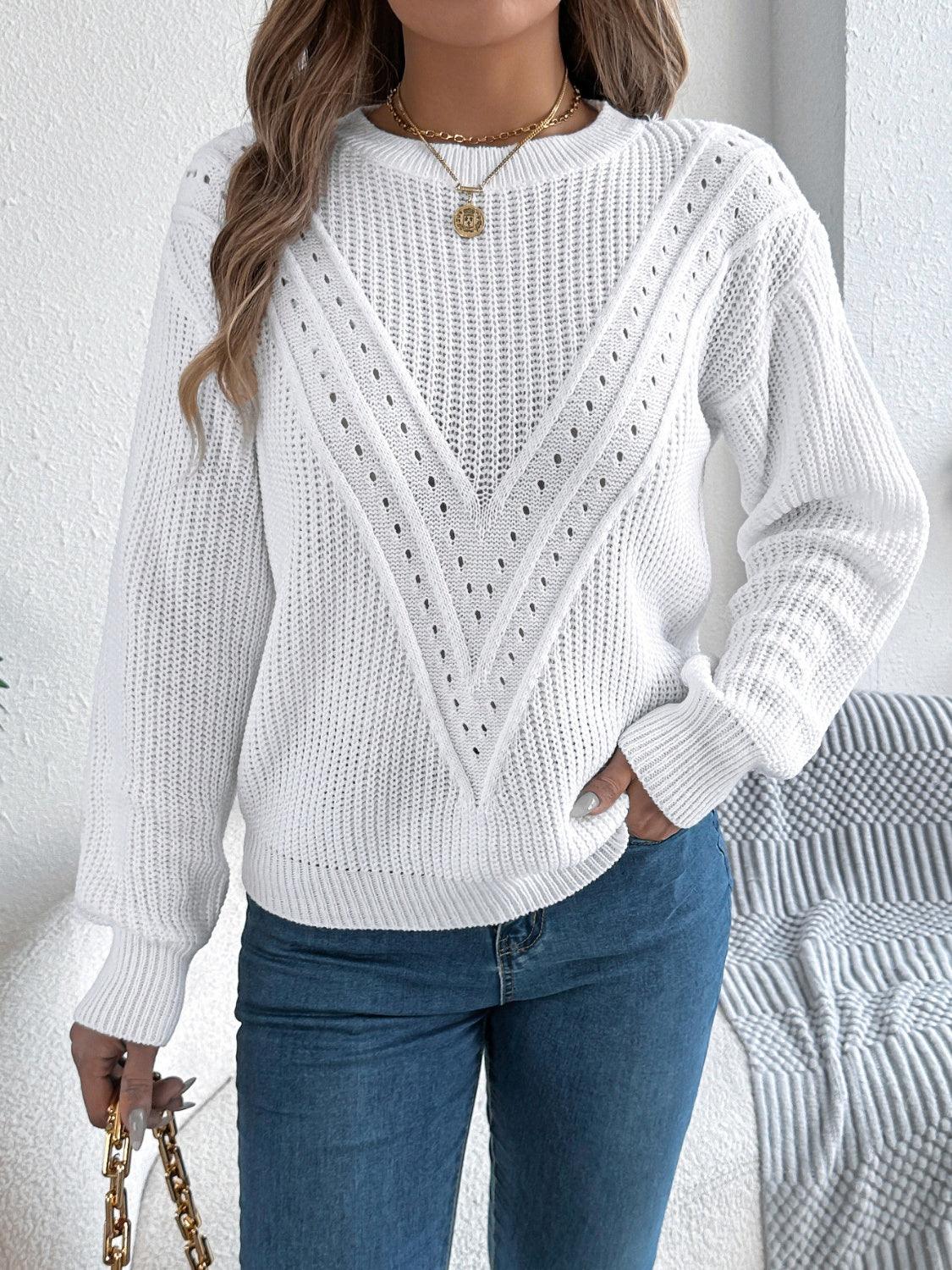 Openwork Round Neck Long Sleeve Sweater - Blu Lotus Boutique