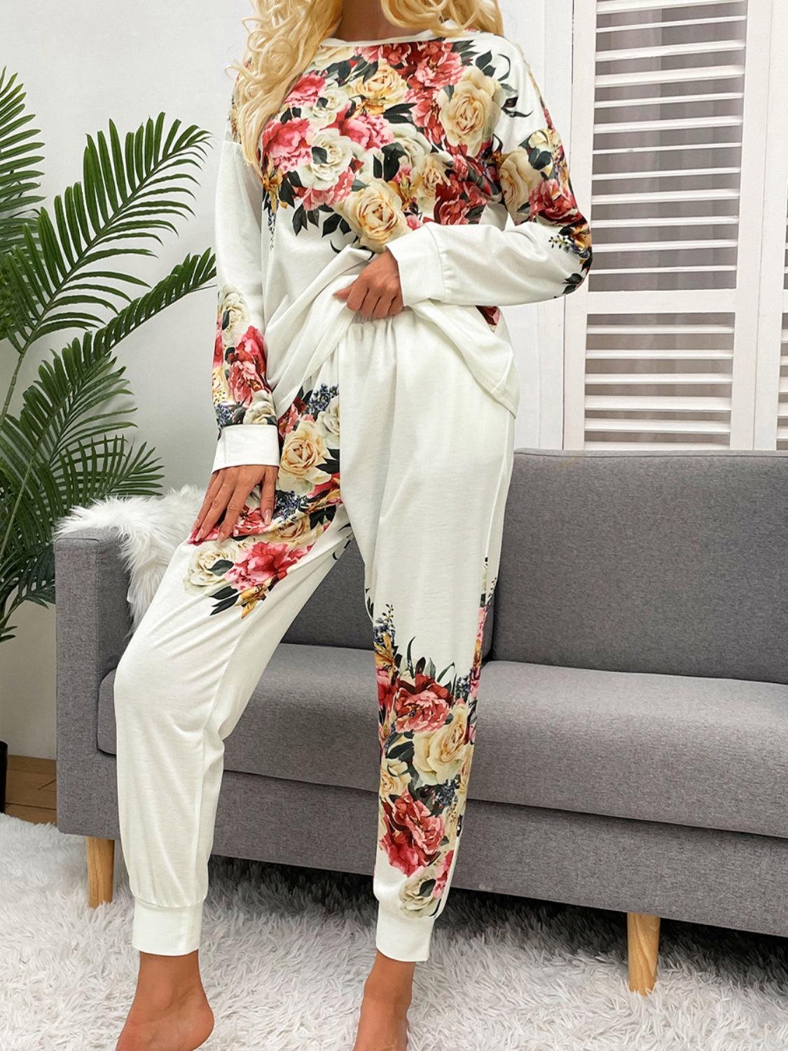 Shiny Printed Round Neck Top and Pants Lounge Set - Blu Lotus Boutique