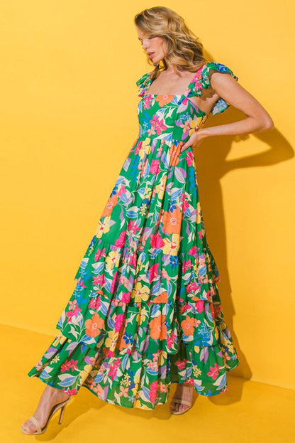 Green Floral Print Sleeveless Ruffle Tiered Maxi Dress - Blu Lotus Boutique