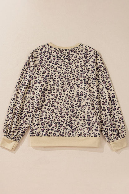 Slit Leopard Round Neck Long Sleeve Sweatshirt - Blu Lotus Boutique