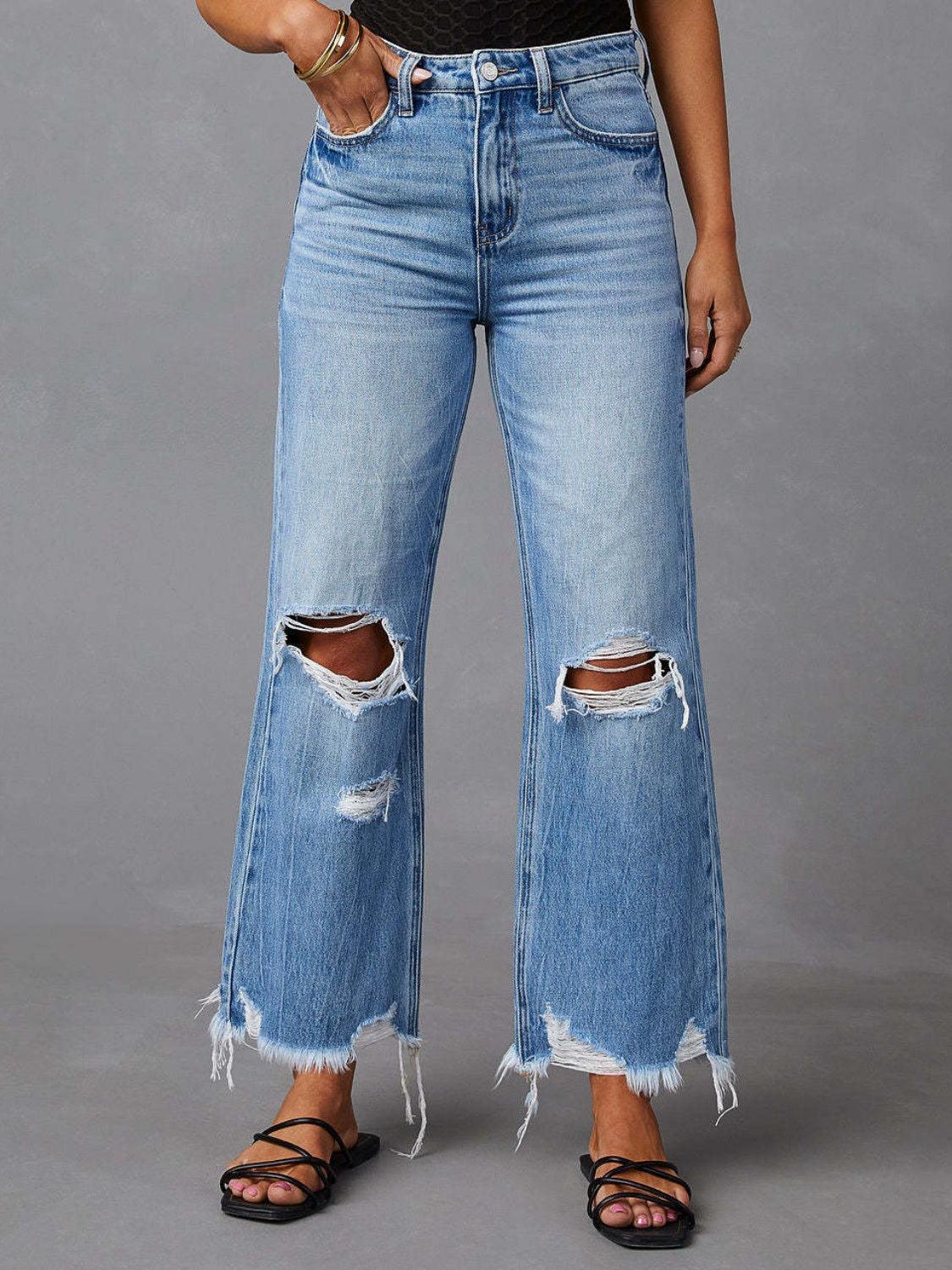 Distressed Raw Hem Jeans with Pockets - Blu Lotus Boutique