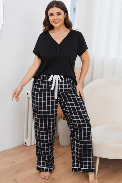 Plus Size V-Neck Top and Plaid Pants Lounge Set - Blu Lotus Boutique