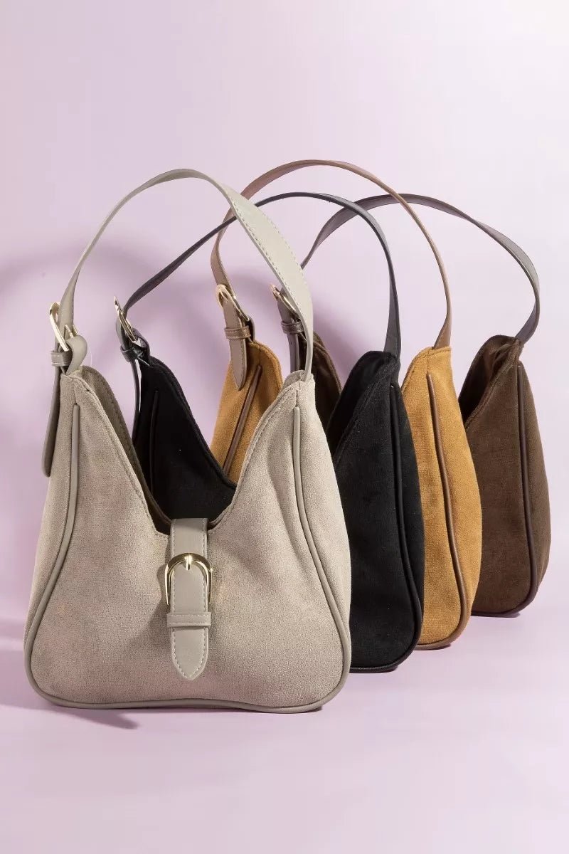 Fame Buckle Accent Faux Suede Hand Bag - Blu Lotus Boutique