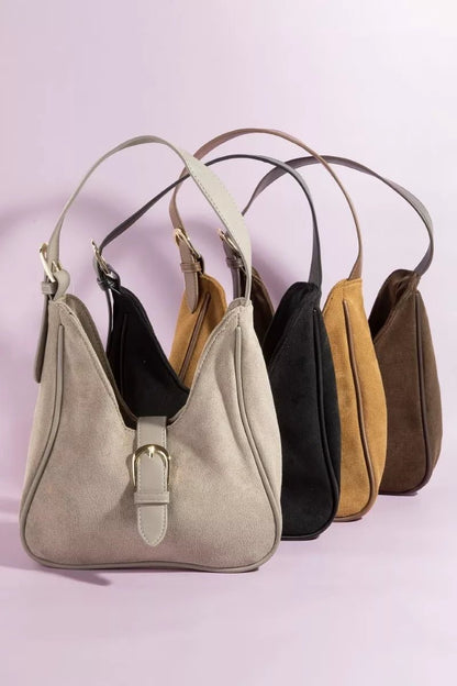 Fame Buckle Accent Faux Suede Hand Bag - Blu Lotus Boutique
