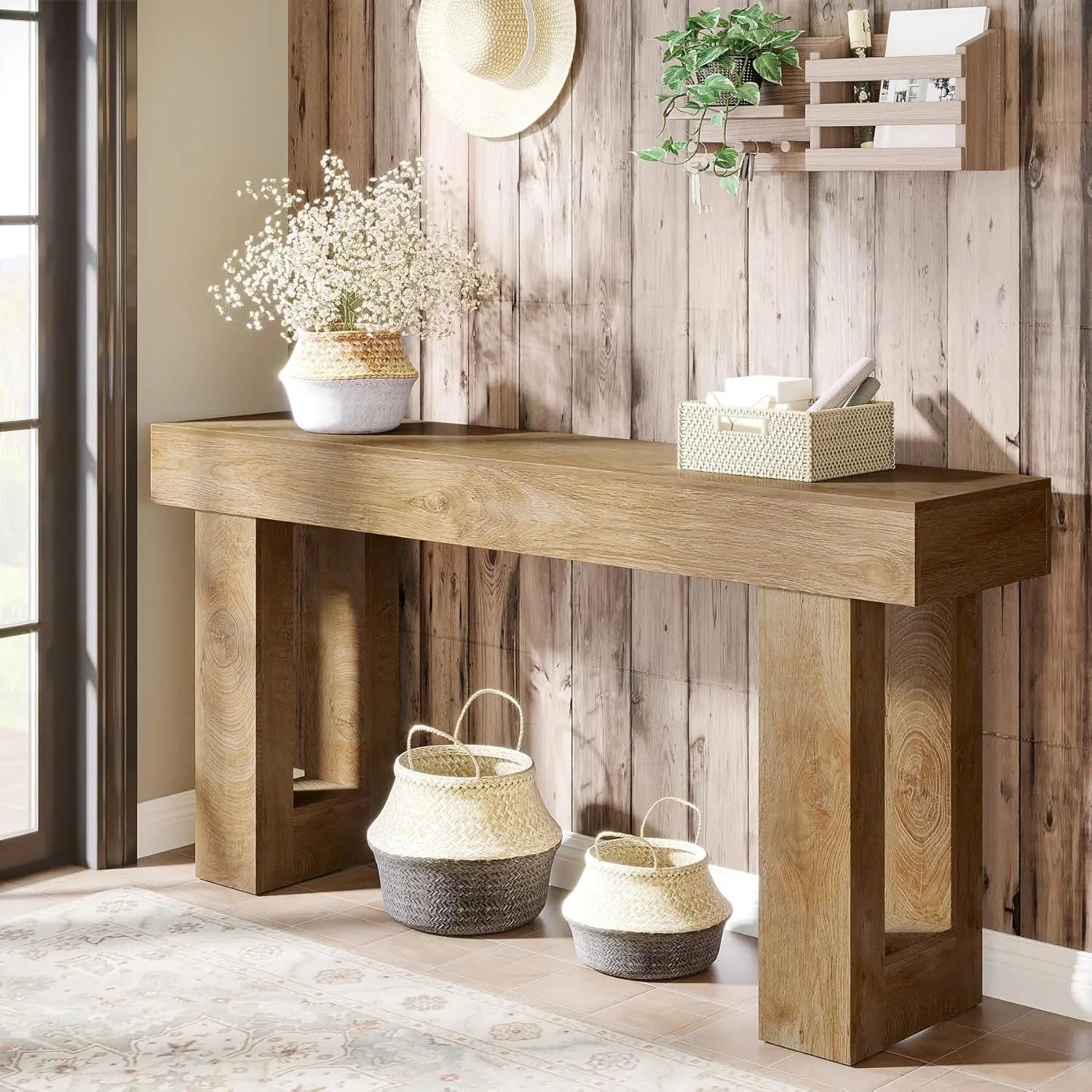 Farmhouse Console Table,63 - Inch Long Narrow Sofa Table Behind The Couch,Wooden Entryway Table for Entrance,Hallway, Living Room - Blu Lotus Boutique
