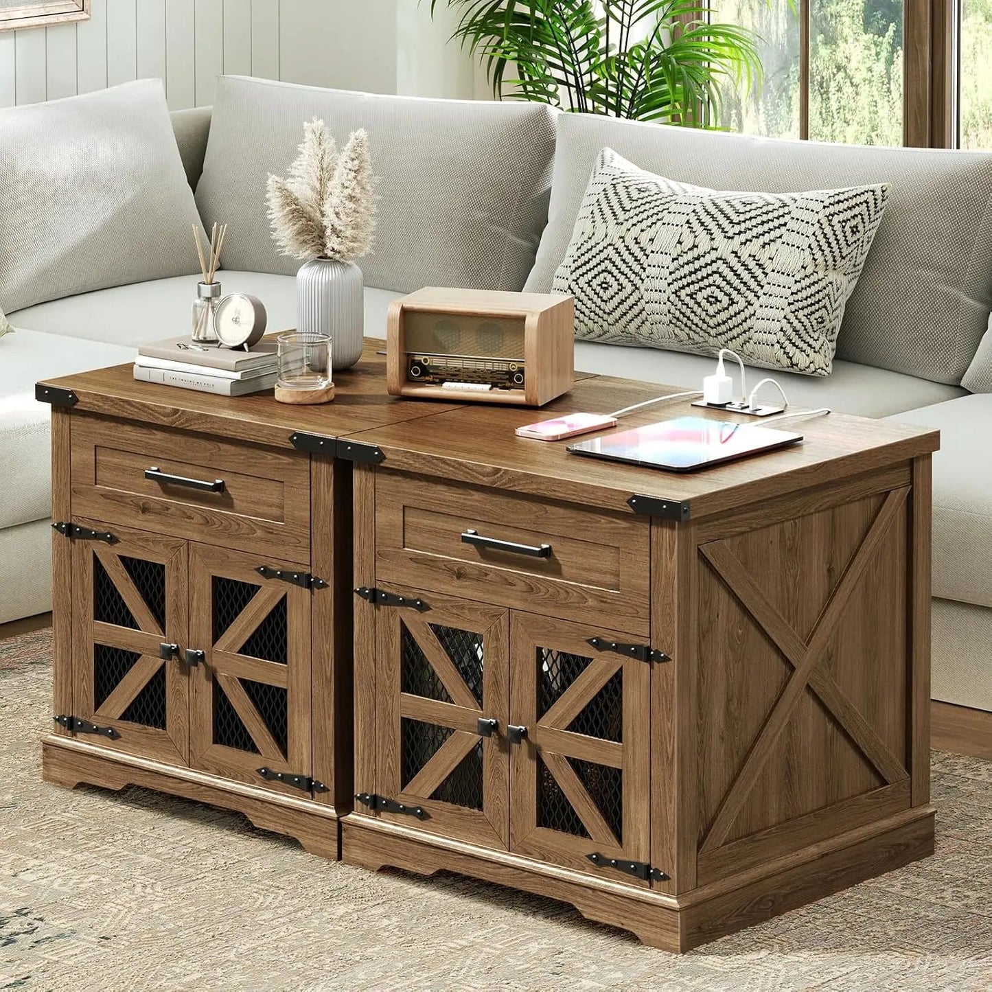 Farmhouse End Table Set of 2, 24" Large Sofa Side Table with Drawer, Large End Table for Living Room, Wooden Nightstand - Blu Lotus Boutique