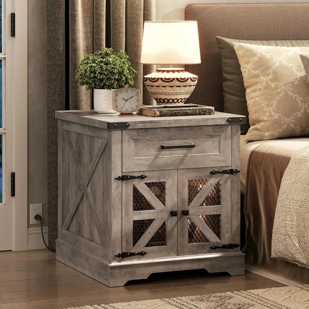 Farmhouse End Table Set of 2, 24" Large Sofa Side Table with Drawer, Large End Table for Living Room, Wooden Nightstand - Blu Lotus Boutique