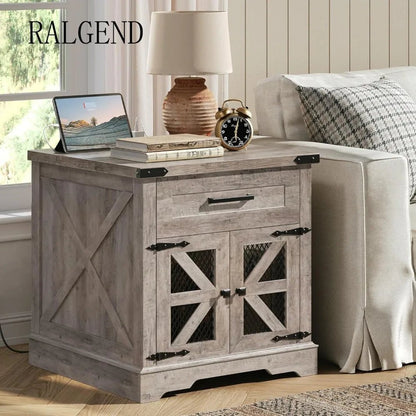 Farmhouse End Table Set of 2, 24" Large Sofa Side Table with Drawer, Large End Table for Living Room, Wooden Nightstand - Blu Lotus Boutique