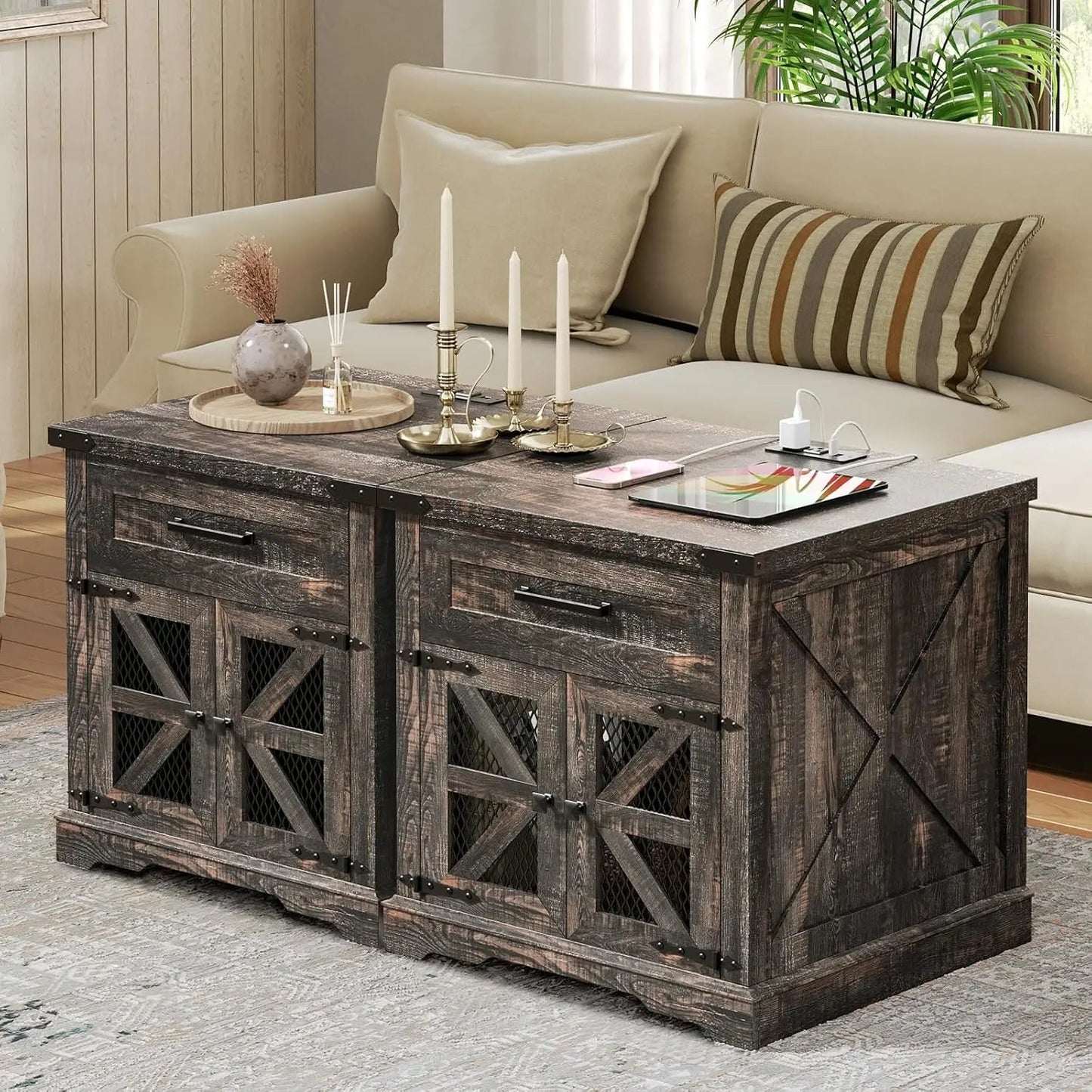 Farmhouse End Table Set of 2, 24" Large Sofa Side Table with Drawer, Large End Table for Living Room, Wooden Nightstand - Blu Lotus Boutique