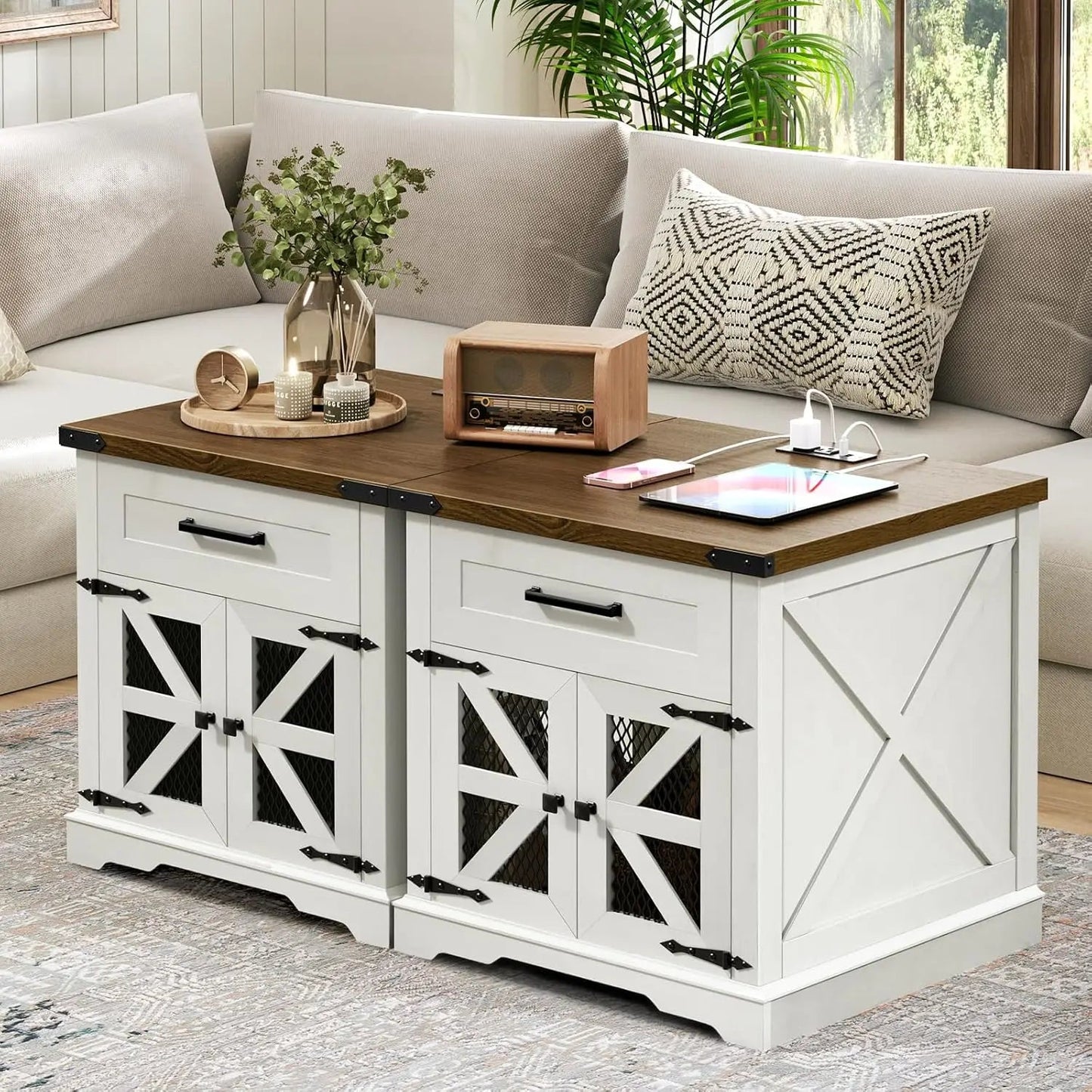 Farmhouse End Table Set of 2, 24" Large Sofa Side Table with Drawer, Large End Table for Living Room, Wooden Nightstand - Blu Lotus Boutique