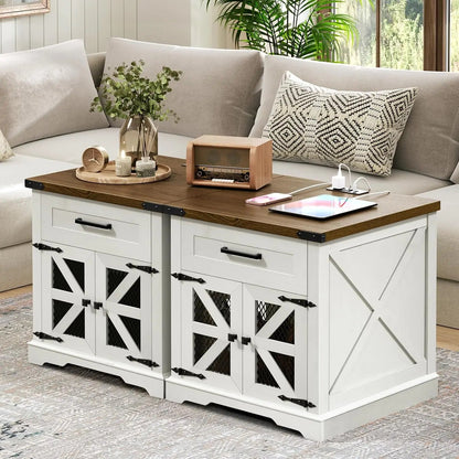 Farmhouse End Table Set of 2, 24" Large Sofa Side Table with Drawer, Large End Table for Living Room, Wooden Nightstand - Blu Lotus Boutique