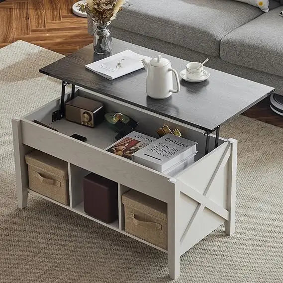 Farmhouse Lift Top Coffee Table, Rustic Grey with Storage Shelf/Hidden Compartment, Mesa De Centro para Sala - Blu Lotus Boutique
