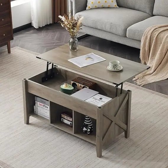 Farmhouse Lift Top Coffee Table, Rustic Grey with Storage Shelf/Hidden Compartment, Mesa De Centro para Sala - Blu Lotus Boutique