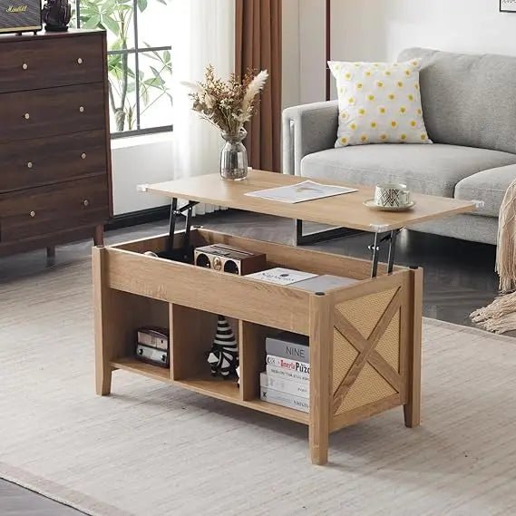 Farmhouse Lift Top Coffee Table, Rustic Grey with Storage Shelf/Hidden Compartment, Mesa De Centro para Sala - Blu Lotus Boutique
