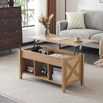 Farmhouse Lift Top Coffee Table, Rustic Grey with Storage Shelf/Hidden Compartment, Mesa De Centro para Sala - Blu Lotus Boutique