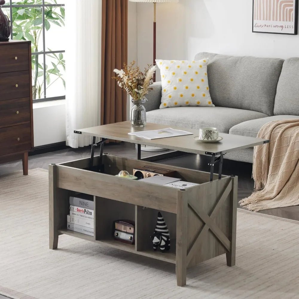 Farmhouse Lift Top Coffee Table, Rustic Grey with Storage Shelf/Hidden Compartment, Mesa De Centro para Sala - Blu Lotus Boutique