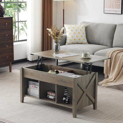 Farmhouse Lift Top Coffee Table, Rustic Grey with Storage Shelf/Hidden Compartment, Mesa De Centro para Sala - Blu Lotus Boutique
