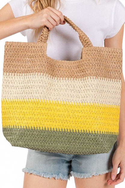 Faux Straw Tri - Tone Tote - Blu Lotus Boutique